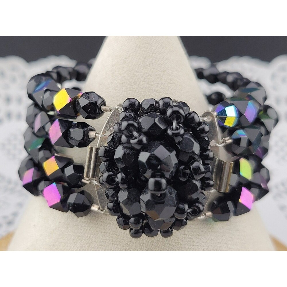 Chunky Vintage Black Faceted Glass Crystal Beads Layered 7" Statement Bracelet